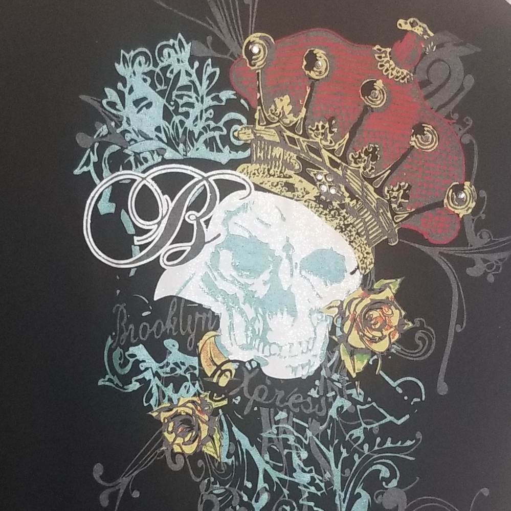Brooklyn Xpress Mens Short Sleeve T Shirt XL Black Skull Flower Stones Y2K